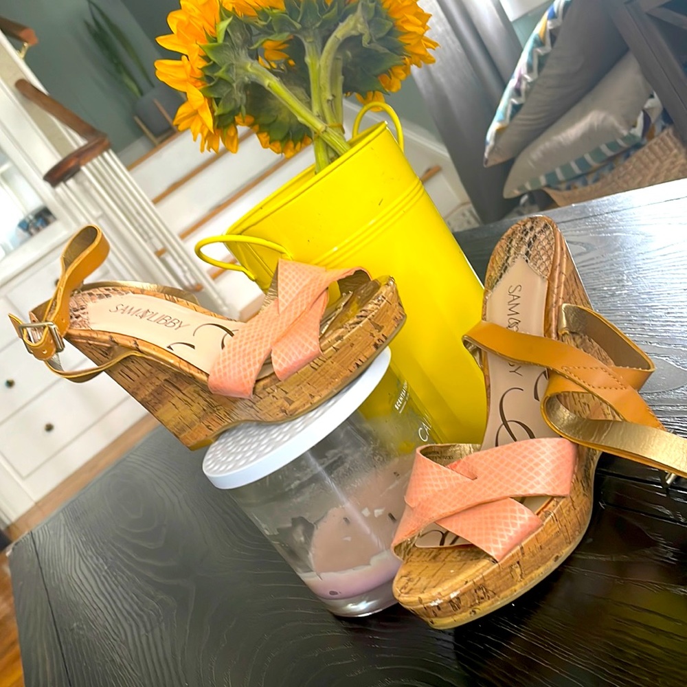 Sam & Libby peach and camel cork platform ankle wrap sandal 7.5